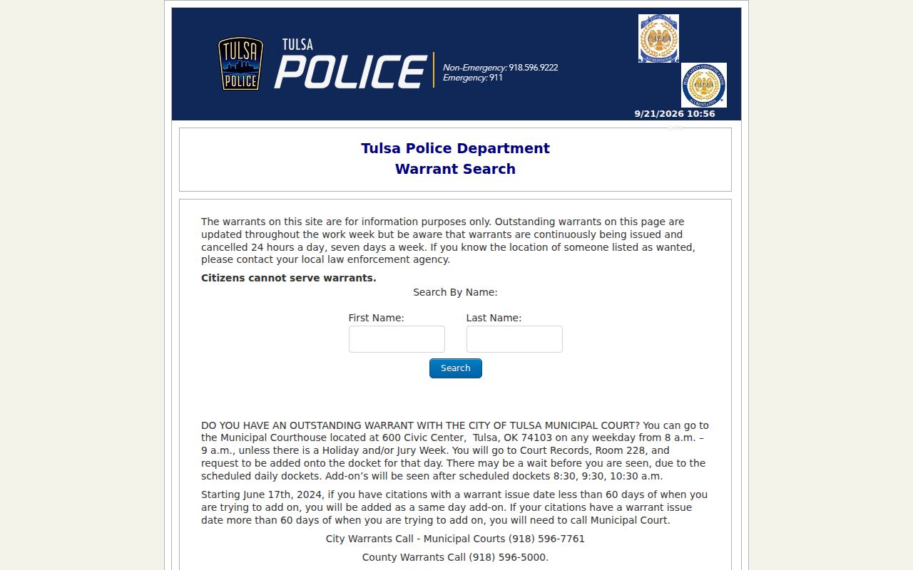 Tulsa County city warrant check name search