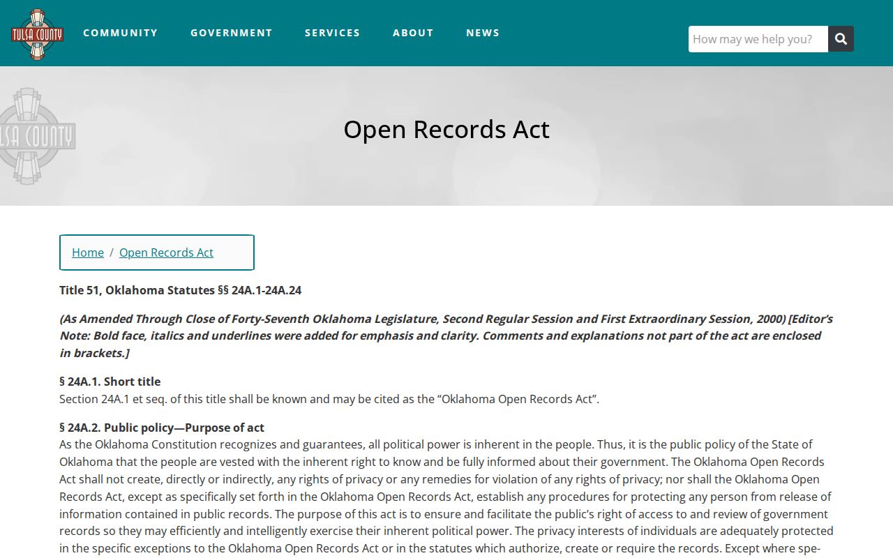 Tulsa County warrant records public access notice