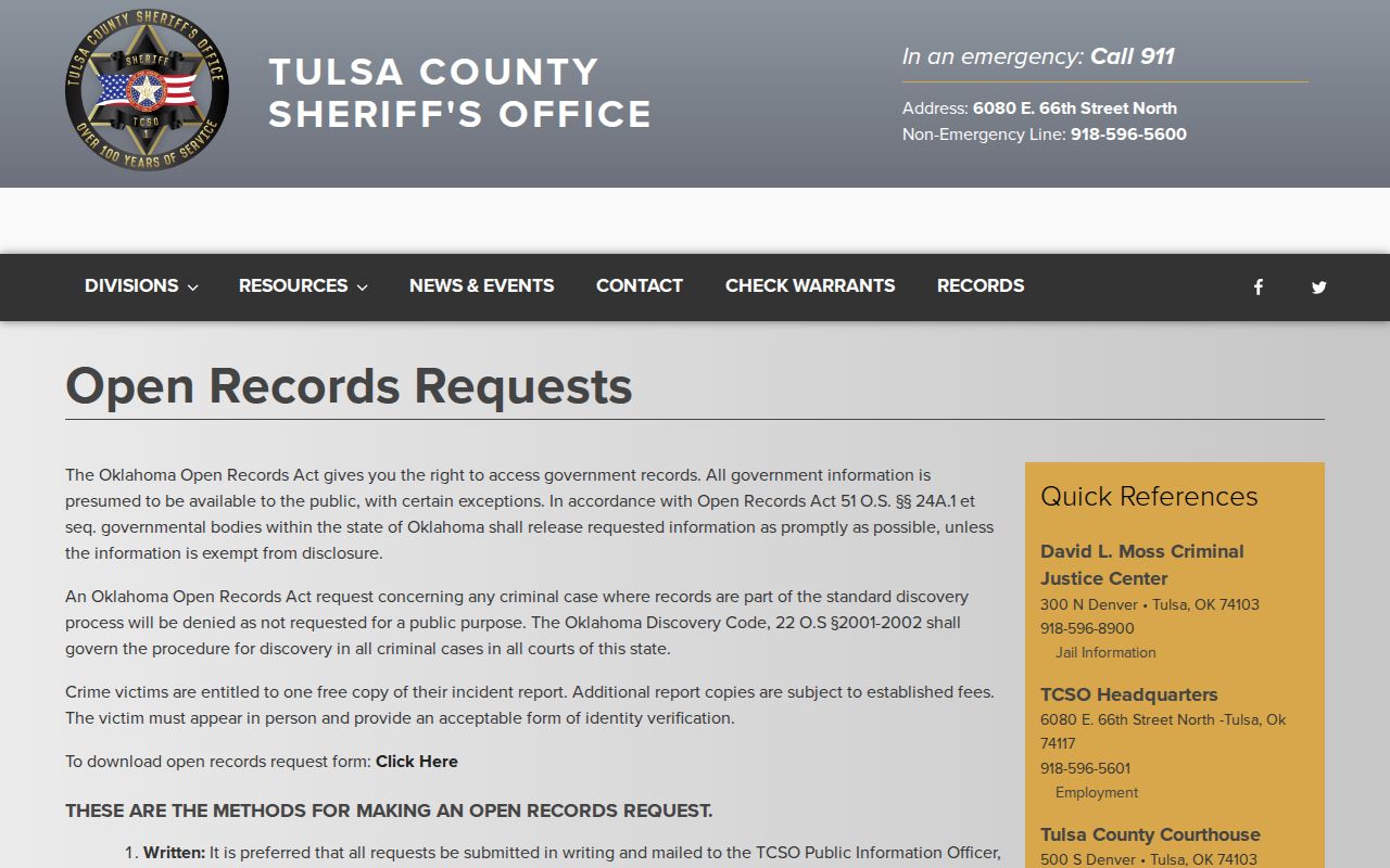 Tulsa County warrant records open records submission